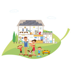 エコを意識して葉っぱの上に太陽光の家と家族が笑顔で手を振っているイラスト