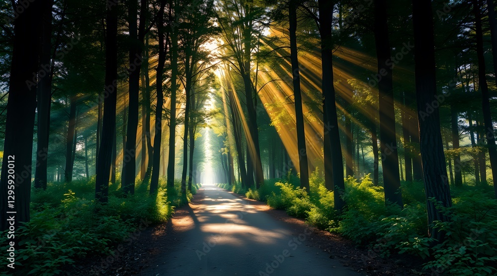 Poster dramatic sunlight rays piercing through a lush forest, illuminating a tranquil path surrounded by vi