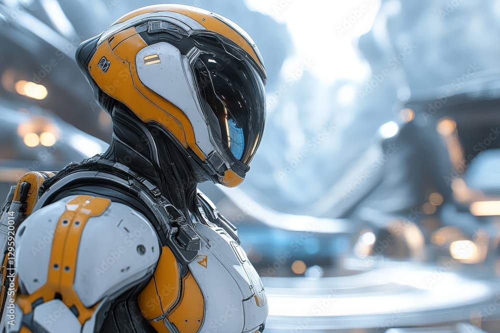 Poster Futuristic astronaut exploring a high-tech environment in a snowy landscape