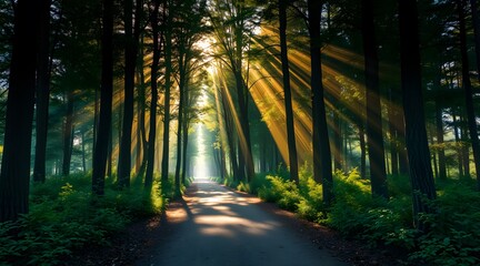 Fototapeta premium Dramatic sunlight rays piercing through a lush forest, illuminating a tranquil path surrounded by vibrant greenery, creating a serene and enchanting atmosphere in nature. 