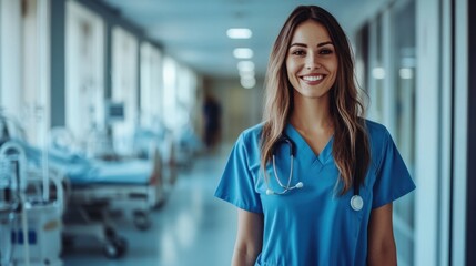 Smiling Female Medical Professional in Scrubs with Stethoscope in Hospital Corridor, Ready to Serve Patients and Make a Difference in Healthcare Environment