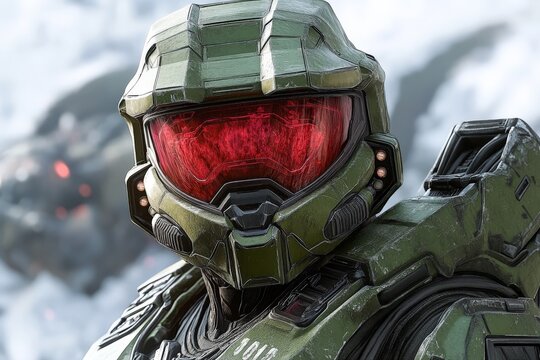 Master Chief in green armor with red visor stands against a snowy battlefield in an intense sci-fi setting