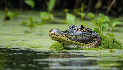 Fototapeta premium Close-Up of an Alligator Emerging from Marshy Waters Surrounded by Greenery and Moss Reflecting the Beauty of Wetland Ecosystems in Nature