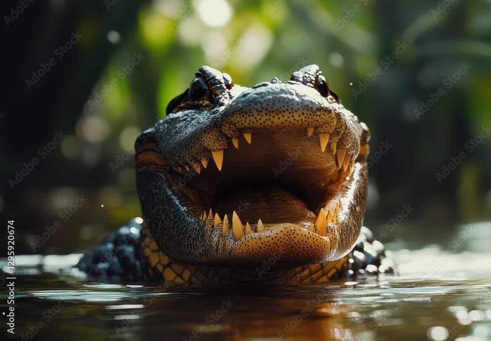 Poster close-up of an alligator emerging from the water with mouth open, displaying sharp teeth and express