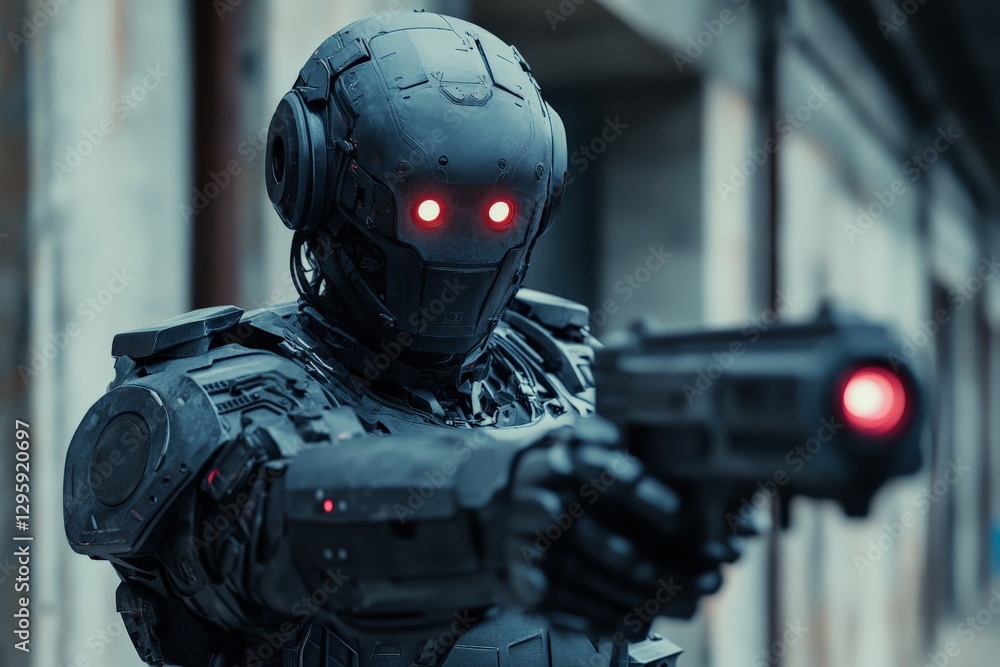 Poster Futuristic robot with red eyes pointing a weapon in an urban setting at dusk