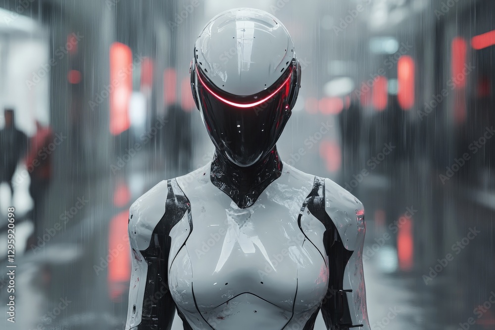 Poster futuristic humanoid robot standing in a vibrant urban setting on a rainy day, showcasing advanced te