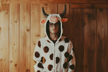 man in cow costume, man wearing a cow mask, on a background