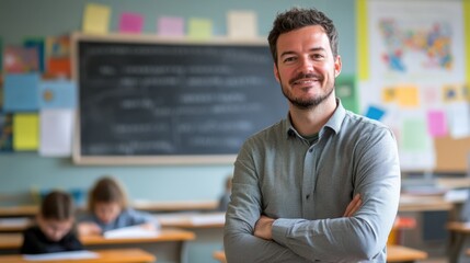 Fototapeta premium Teacher Smiling in Classroom Setting with Students Working in Background and Chalkboard Filled with Learning Materials and Educational Resources
