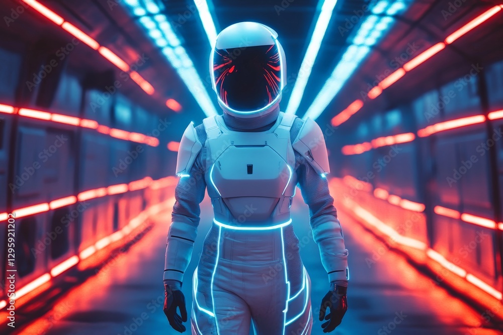 Poster futuristic astronaut exploring a neon-lit corridor in a sci-fi setting during a space mission