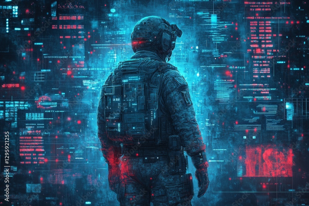 Poster soldier in futuristic uniform interacts with digital data in a high-tech environment during a strate