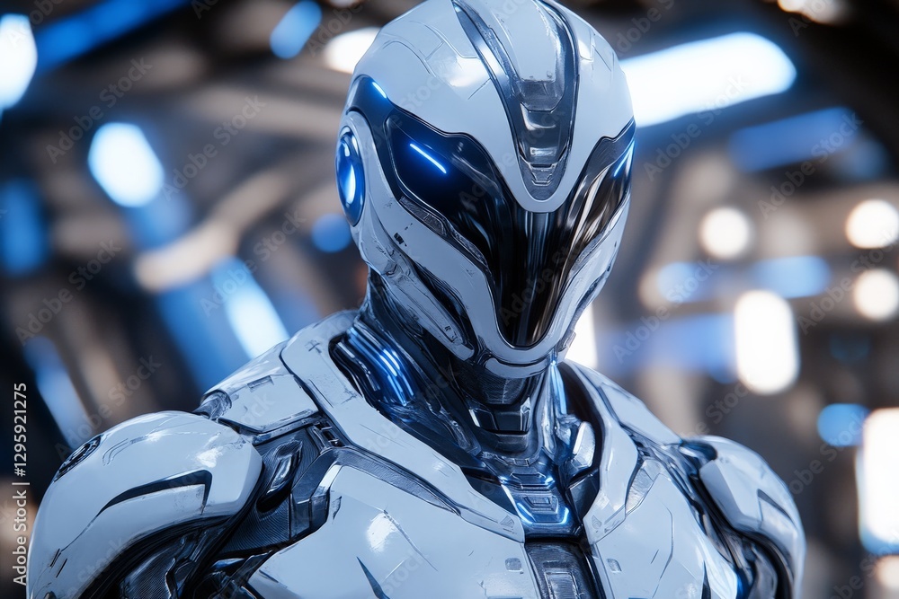 Poster Futuristic humanoid robot with sleek design illuminated by soft blue lights in a high-tech environment