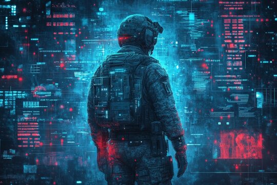 Soldier in futuristic uniform interacts with digital data in a high-tech environment during a strategic operation