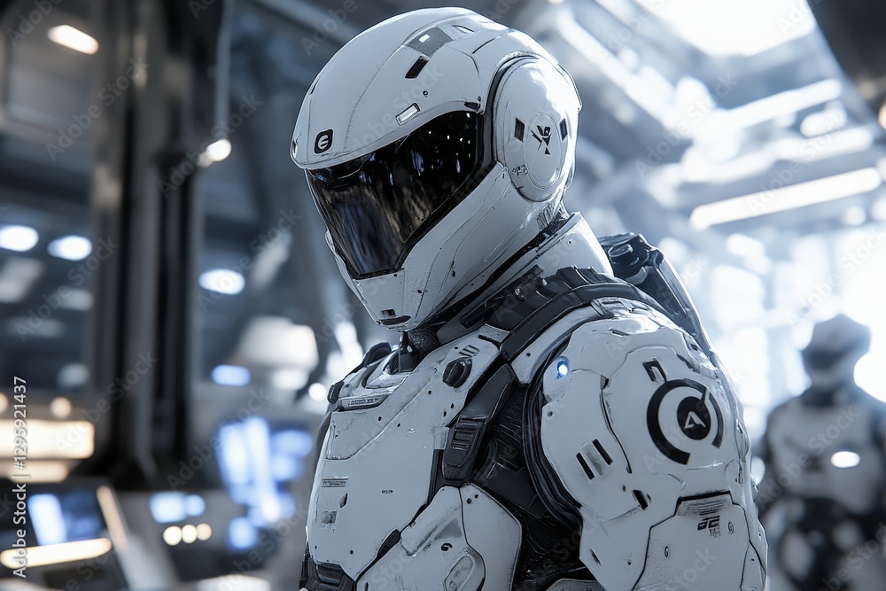 Poster futuristic astronaut in sleek white suit exploring advanced space environment with high-tech equipme