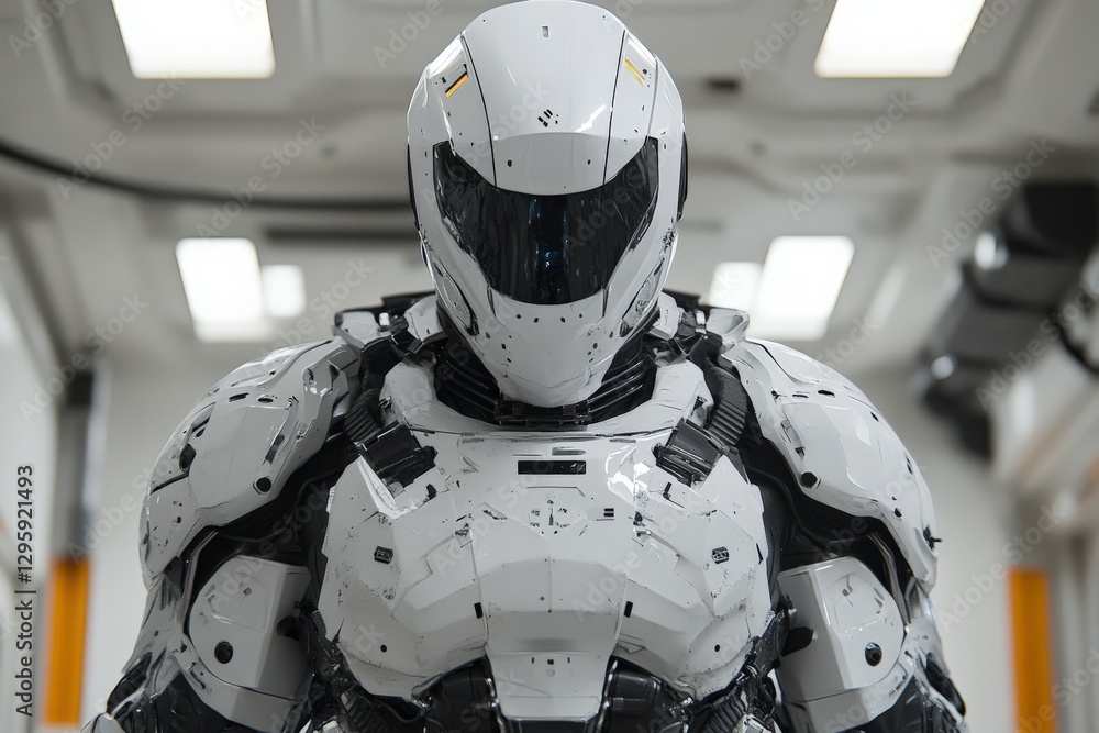 Poster high-tech robot stands ready in a futuristic laboratory environment during daylight hours