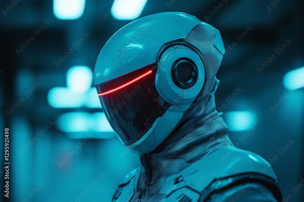 Poster futuristic robotic figure standing in a neon-lit corridor at night showcasing advanced technology an