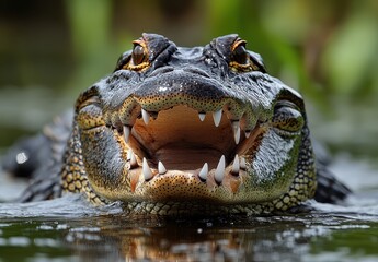 Fototapeta premium Close-up of an Alligator Emerging from Water with Powerful Teeth and Intense Eyes in Natural Habitat Captured with Stunning Detail and Clarity