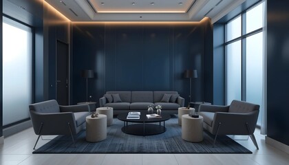 Modern Waiting Room with Navy Blue Walls and Minimalist Design