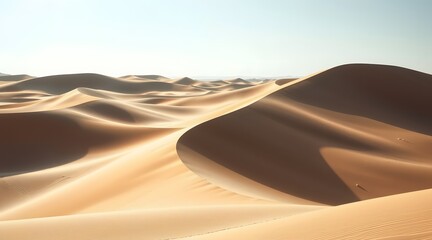 Stunning golden sand dunes under sunlight create a serene and peaceful desert landscape, showcasing nature's beauty and vastness in a tranquil outdoor setting.  