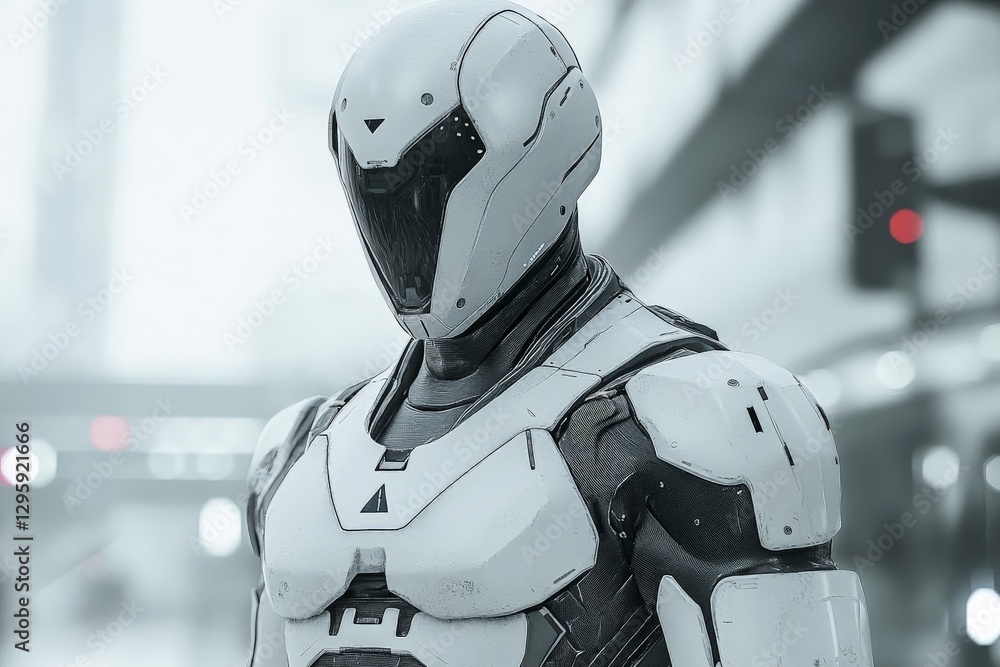 Aufkleber futuristic robot stands in a modern urban environment during a cloudy day