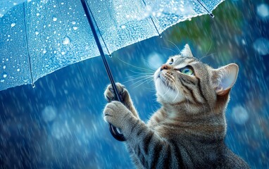 Cat playing in the rain under a blue umbrella at night