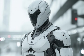 Futuristic robot stands in a modern urban environment during a cloudy day
