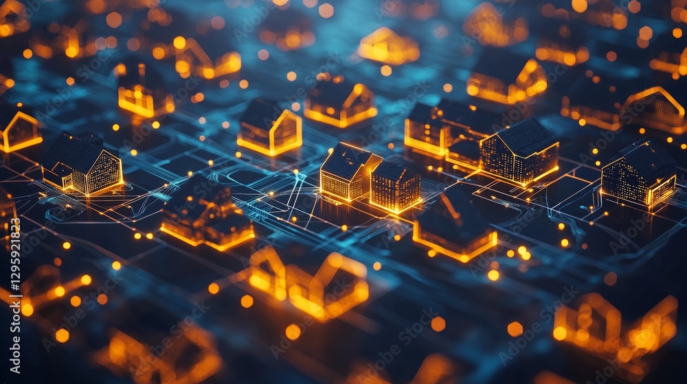 Poster digital network of glowing house models overview