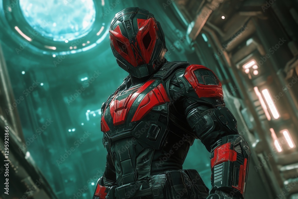 Poster futuristic warrior stands confidently in a high-tech environment with glowing energy source