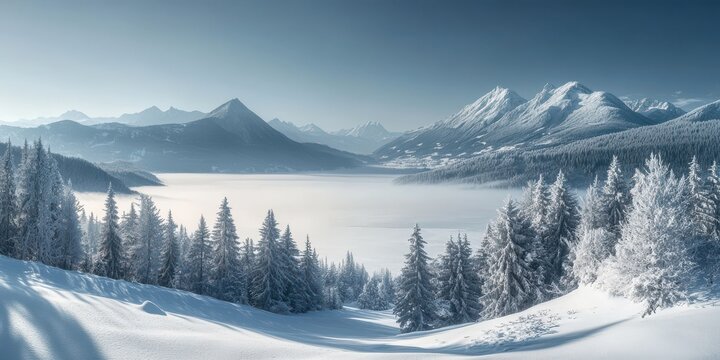 Winter wonderland, snowy mountain range, misty peaks, frosted pine forest, pristine white landscape