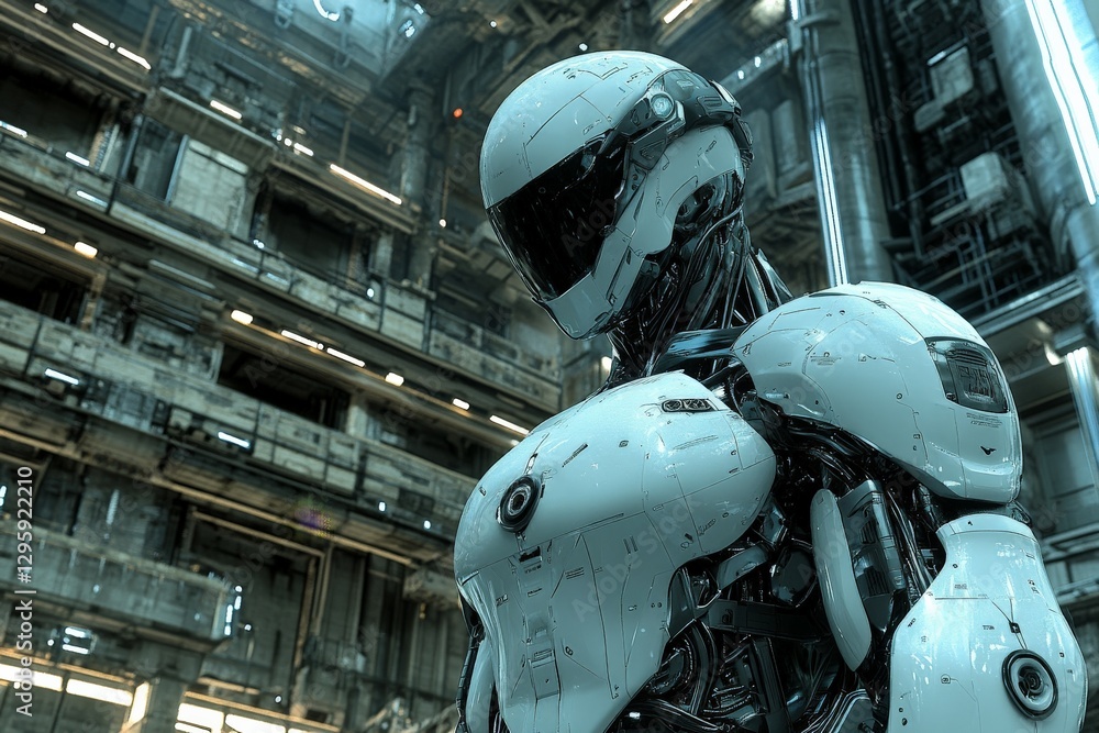 Poster sleek futuristic robot stands in a high-tech urban environment showcasing advanced technology and de