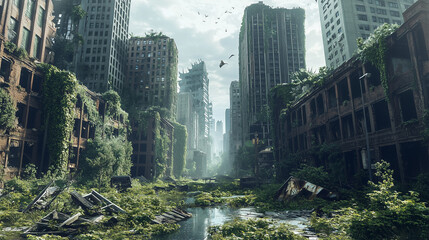 A ruined megacity overrun with vegetation, abandoned skyscrapers cloaked in ivy, wild animals roaming deserted streets, and a lone survivor walking through the wreckage.