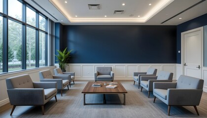 Fototapeta premium Modern Waiting Room with Navy Blue Walls and Minimalist Design