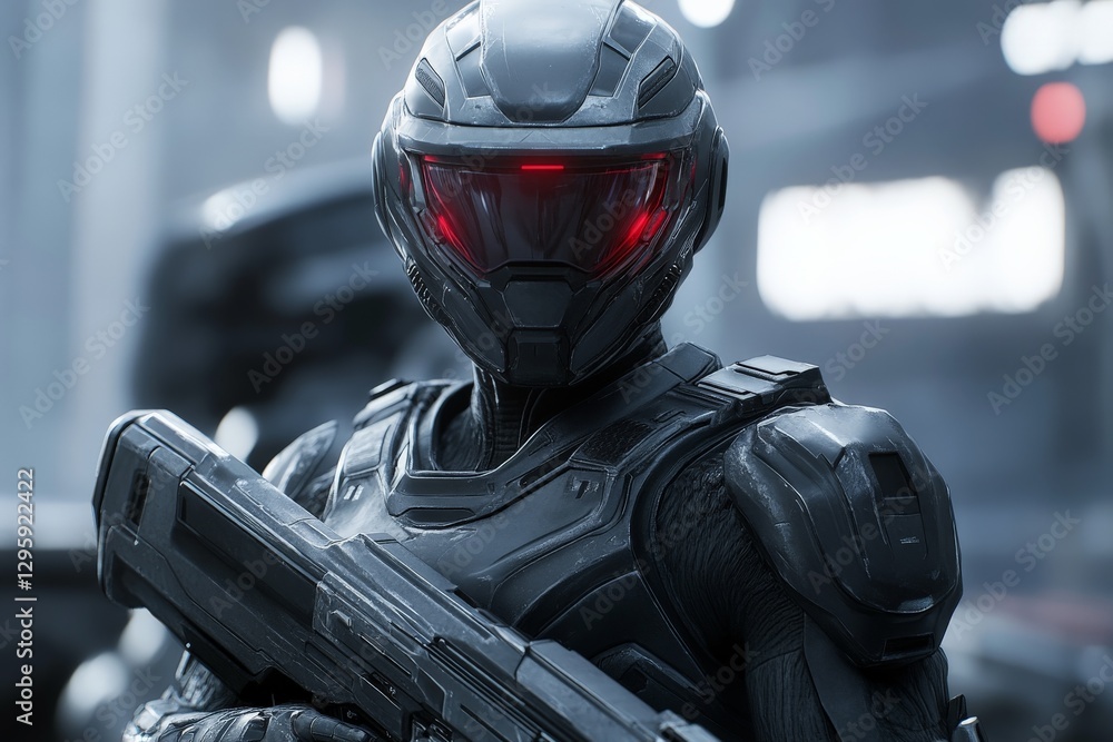 Poster futuristic soldier with advanced armor and weapon in urban environment during a military operation
