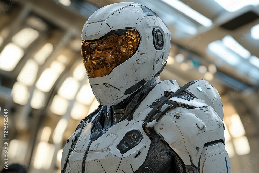 Fototapete futuristic humanoid robot in sleek armor stands in a high-tech environment showcasing advanced techn