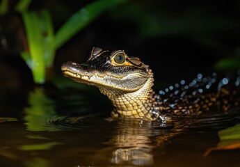 Fototapeta premium Close-Up of an Alligator Hatchling Emerging from the Water Among Green Foliage in a Tropical Environment