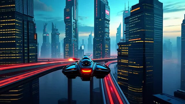 Futuristic cityscape with a sleek hover vehicle navigating illuminated highways at dusk