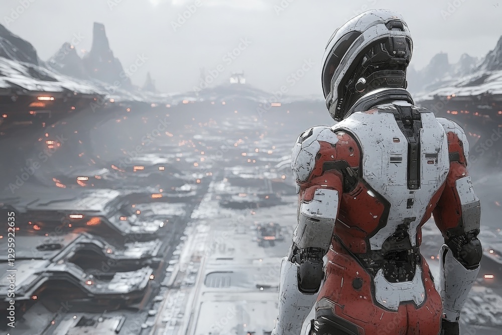 Poster exploring a futuristic landscape with a robotic figure overlooking a distant city at dusk