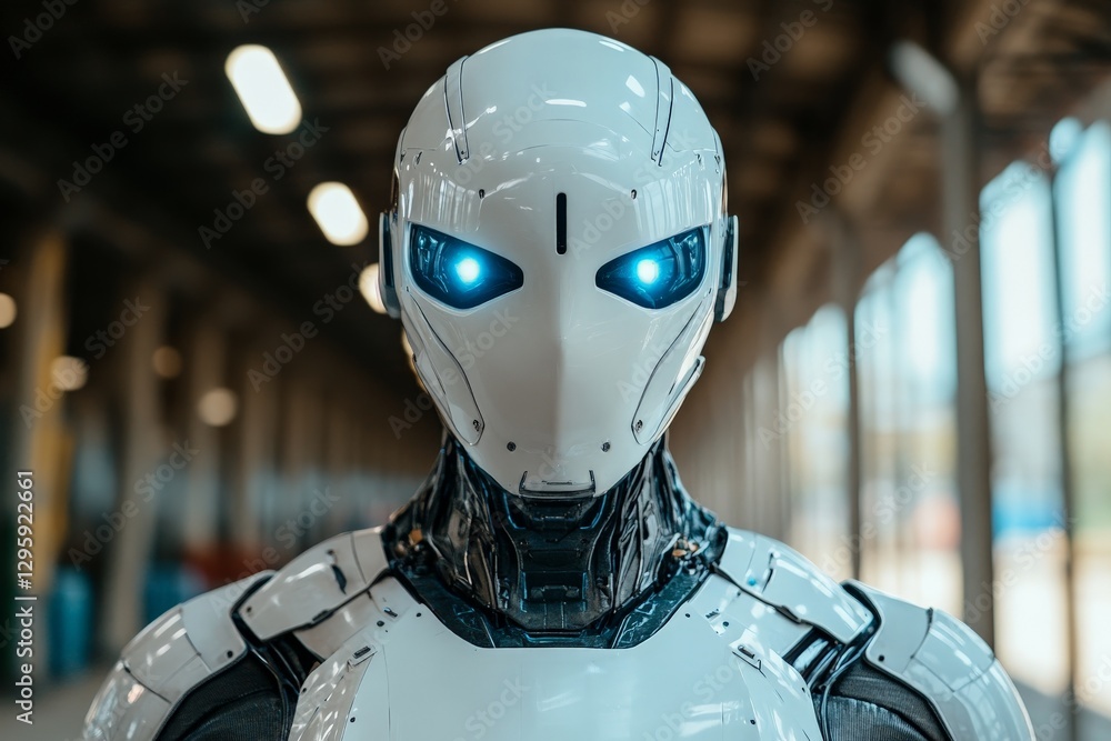 Poster futuristic robot with glowing blue eyes stands in an industrial setting showcasing advanced technolo