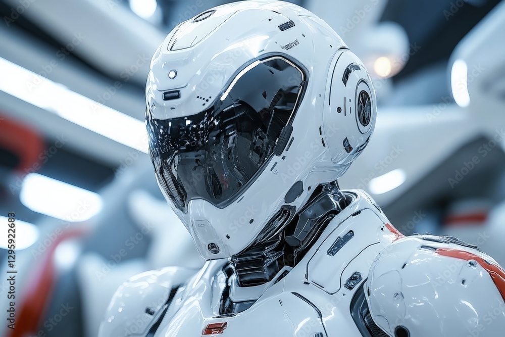 Poster futuristic humanoid robot with advanced features showcased indoors in a high-tech environment