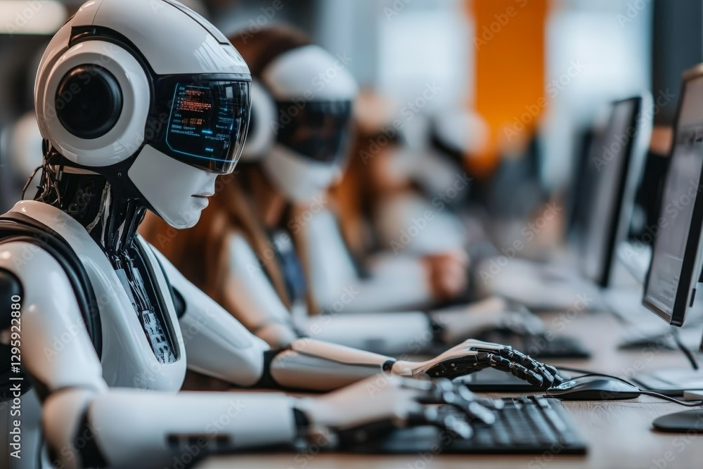 Aufkleber Robots engage in data analysis at a modern tech workspace during daytime hours
