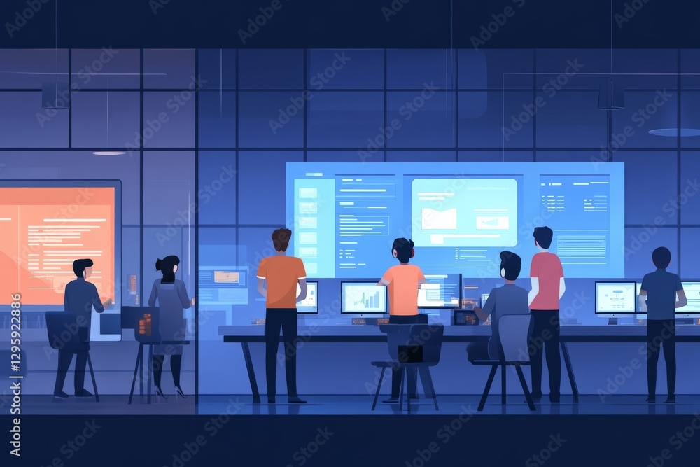 Aufkleber Team of analysts collaborating in a modern workspace with multiple screens and data displays during evening hours