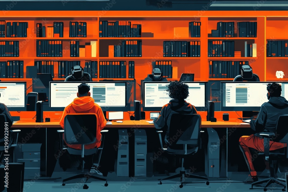 Poster tech enthusiasts work collaboratively in a modern workspace illuminated by warm orange lights at nig