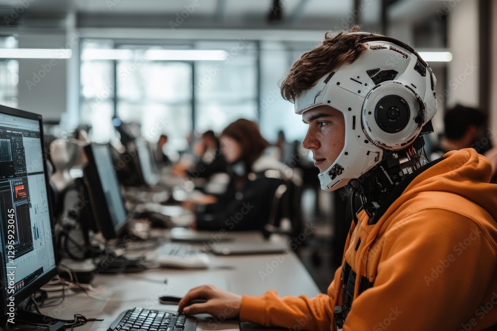 Leinwandbilder young man wearing a futuristic headset engaged in computer programming at a tech lab during daylight