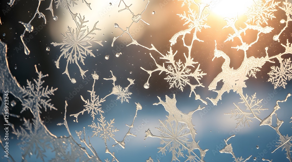 Poster close-up of intricate snowflakes and frost on a window, illuminated by warm sunlight, creating a bea