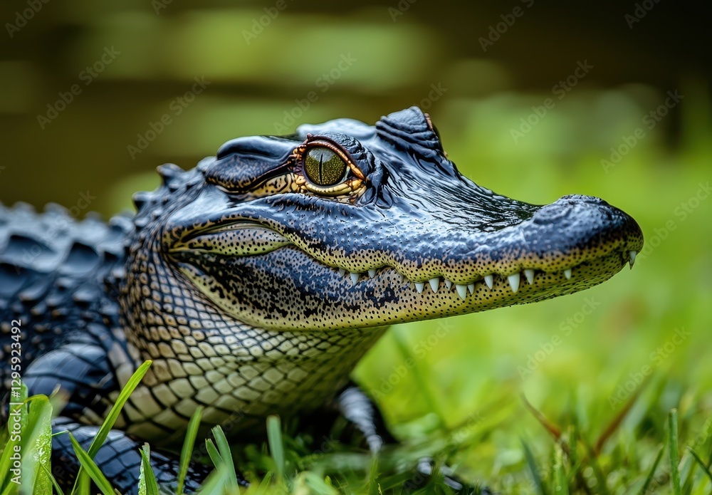 Poster close-up of an alligator illuminated by natural light with detailed texture and sharp features surro
