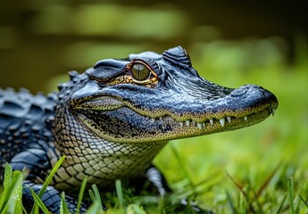 Fototapeta premium Close-Up of an Alligator Illuminated by Natural Light with Detailed Texture and Sharp Features Surrounded by Lush Green Grass Near Water Source