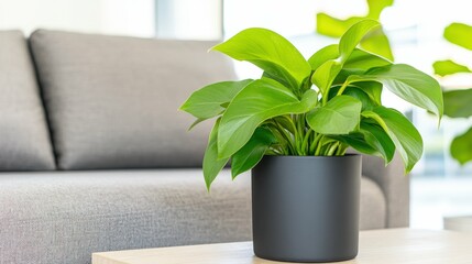 Modern grey sofa with green potted plant on wooden table in bright living room