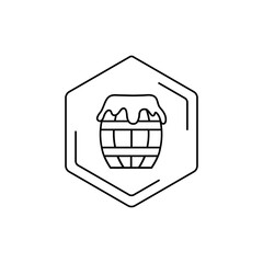 Honey barrel line icon in hexagonal frame on white background. Vector black line pictogram. Tropical themes, pollen, field honey in minimalistic style