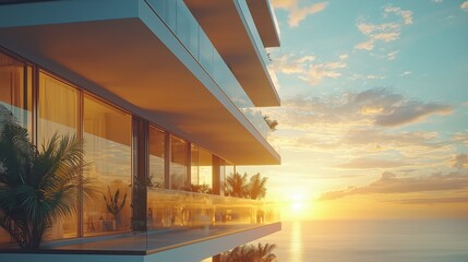 Obraz premium Modern Balcony with Sunset Over Ocean View