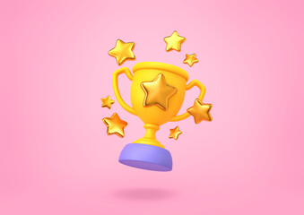Champion cup with golden stars isolated on pink background. Clipping path included