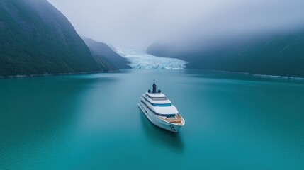 Luxurious yacht sailing in misty fjord with glacier background